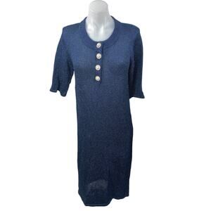 Manoush Blue Metallic Pearl Button Short Sleeve Knit Midi Sweater Shirt Dress L